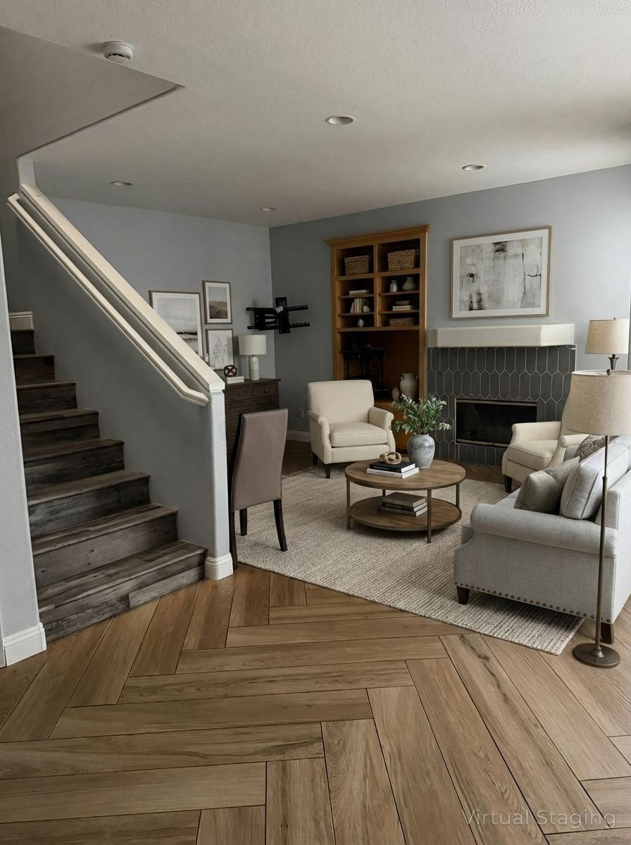 Living room with fireplace — staged